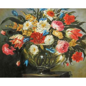 Still Life with Roses, Tiger Tulips, White and Blue Aquilegia, Peonies and Delphinium, etc. Painting Reproduction