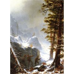 Three Hunters Stalking a Big Horn Sheep in a Snow Squall Painting Reproduction