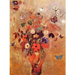 Vase with Flowers and Butterflies Painting Reproduction