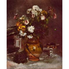 Flowers in a Vase and a Glass of Champagne Painting Reproduction