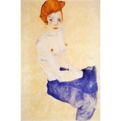 Seated Girl with Bare Torso and Light Blue Skirt Painting Reproduction