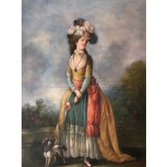 A Lady Walking with a King Charles Spaniel Painting Reproduction