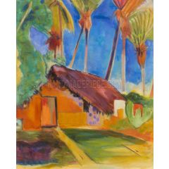 Thatched Hut under Palm Trees Painting Reproduction