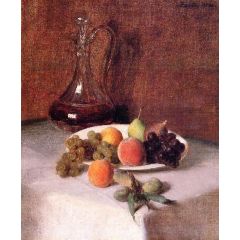A Carafe of Wine and Plate of Fruit on a White Tablecloth Painting Reproduction