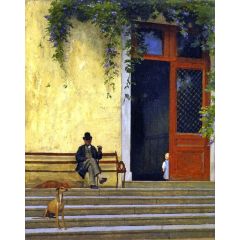 The Artist’s Father and Son on the Doorstep of His House Painting Reproduction