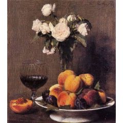 Still Life with Roses, Fruit and a Glass of Wine Painting Reproduction