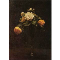 White and Yellow Roses in a Tall Vase Painting Reproduction