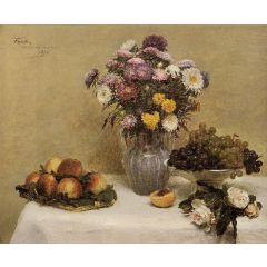 White Roses, Chrysanthemums in a Vase, Peaches and Grapes on a Table with a White Tablecloth Painting Reproduction