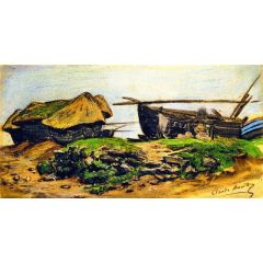 Caloges and Boat at étretat Painting Reproduction