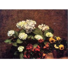 Hydrangias, Cloves and Two Pots of Pansies Painting Reproduction