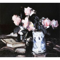 Roses in a Blue and White Vase, Black Background Painting Reproduction
