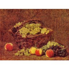 Basket of White Grapes and Peaches Painting Reproduction