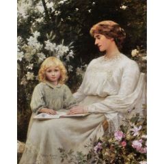 Portrait of a mother and daughter reading a book Painting Reproduction