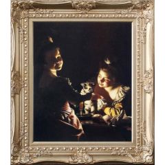 Two Girls Dressing a Kitten by Cadlelight by Joseph Wright of Derby, Framed Painting Reproduction
