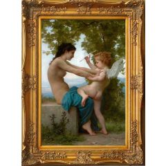 A Young Girl Defending Herself Against Eros (1880) by William Bouguereau, Framed Painting Reproduction