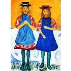 Two Girls with Blue Aprons Painting Reproduction