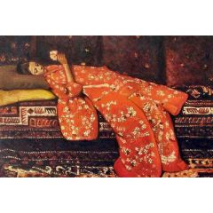 Girl in Red Kimono Painting Reproduction