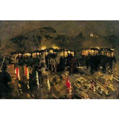 Horse Trams on Dam Square in Amsterdam at Night Painting Reproduction