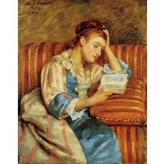 Mrs. Duffee Seated on a Striped Sofa, Reading Painting Reproduction