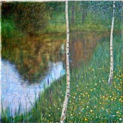 Lakeside with Birch Trees Painting Reproduction