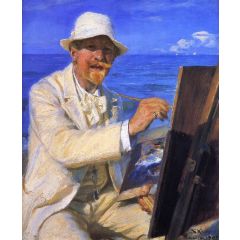Self-Portrait, Sitting by His Easel at Skagen Beach Painting Reproduction