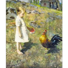 The girl and the rooster Painting Reproduction