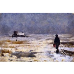 Boy with Sled in a Winter Landscape Painting Reproduction