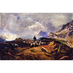 Alpine Landscape with Flock of Sheep Painting Reproduction