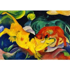 Cows, Red, Green, Yellow Painting Reproduction