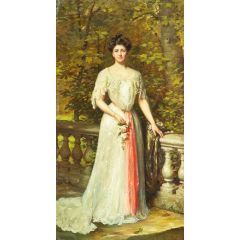 A portrait of a lady in a white dress with a pink sash by a balustrade Painting Reproduction