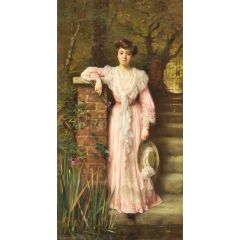 A portrait of a lady in a garden wearing a pink dress holding an iris Painting Reproduction