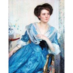 Woman in Blue Dress Painting Reproduction