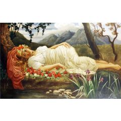 Portrait of a classical beauty on a bed of roses before a pond Painting Reproduction