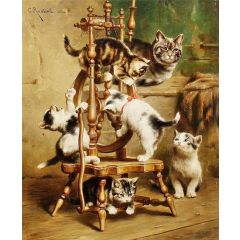 Kittens playing on a spinning wheel Painting Reproduction
