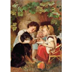 Three children feeding dog Painting Reproduction