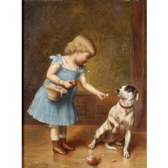 Young girl feeding a dog Painting Reproduction
