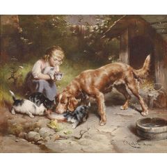 Girl with dog and cats, also known as Dinner party Painting Reproduction