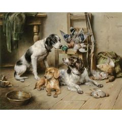 An English Pointer, a Dachshund and an English Springer Spaniel after the hunt Painting Reproduction