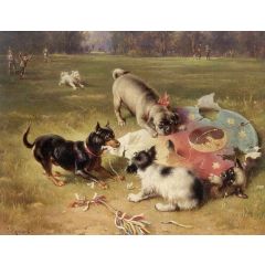 Fighting With the Kite, Manchester Terrier, Pug and King Charles Spaniel Painting Reproduction