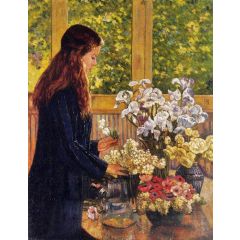 Young Girl with a Vase of Flowers Painting Reproduction