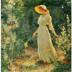 Woman in a white dress in a garden Painting Reproduction