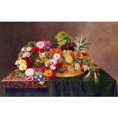 Still Life with a Basket of Fruit and a Wreath of Asters, Dahlias, Day Lillies and Morning Glories Painting Reproduction