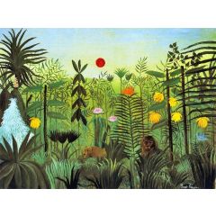 Exotic Landscape with Lion and Lioness in Africa Painting Reproduction