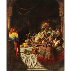 Still life with fruits and parrot Painting Reproduction