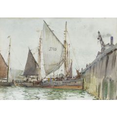 A Lowestoft trawler coming alongside the quay Painting Reproduction