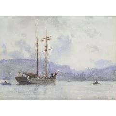 A topsail schooner off a port at dusk Painting Reproduction