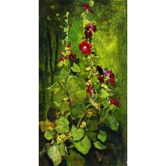 Red Hollyhocks Painting Reproduction