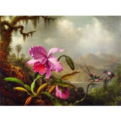 Orchids and Hummingbirds near a Mountain Lake Painting Reproduction