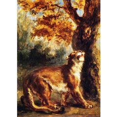 Lioness Stalking Its Prey, also known as Lioness Standing by a Tree Painting Reproduction
