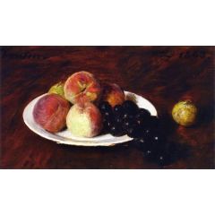 Peaches and Grapes on a White Plate Painting Reproduction